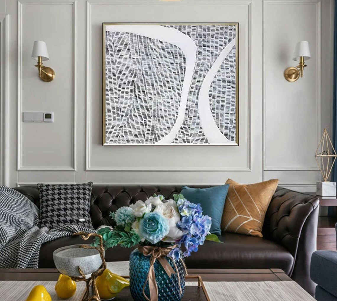 Modern Abstract Oil Painting with Curved Lines for Elegant Home Decor