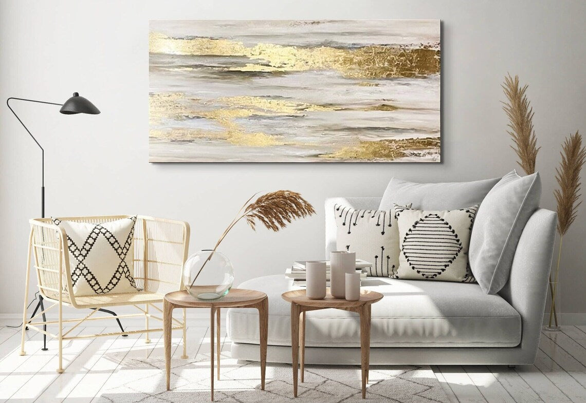 Abstract Gold and Silver Landscape Oil Painting for Modern Home Decor