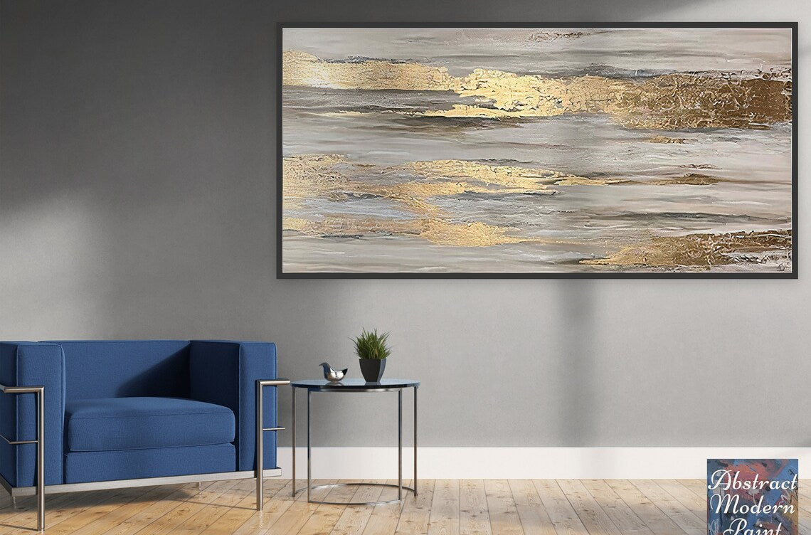 Abstract Gold and Silver Landscape Oil Painting for Modern Home Decor