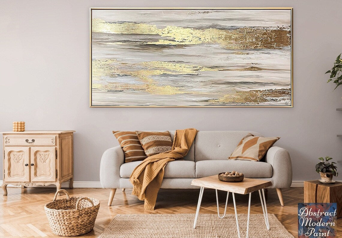 Abstract Gold and Silver Landscape Oil Painting for Modern Home Decor