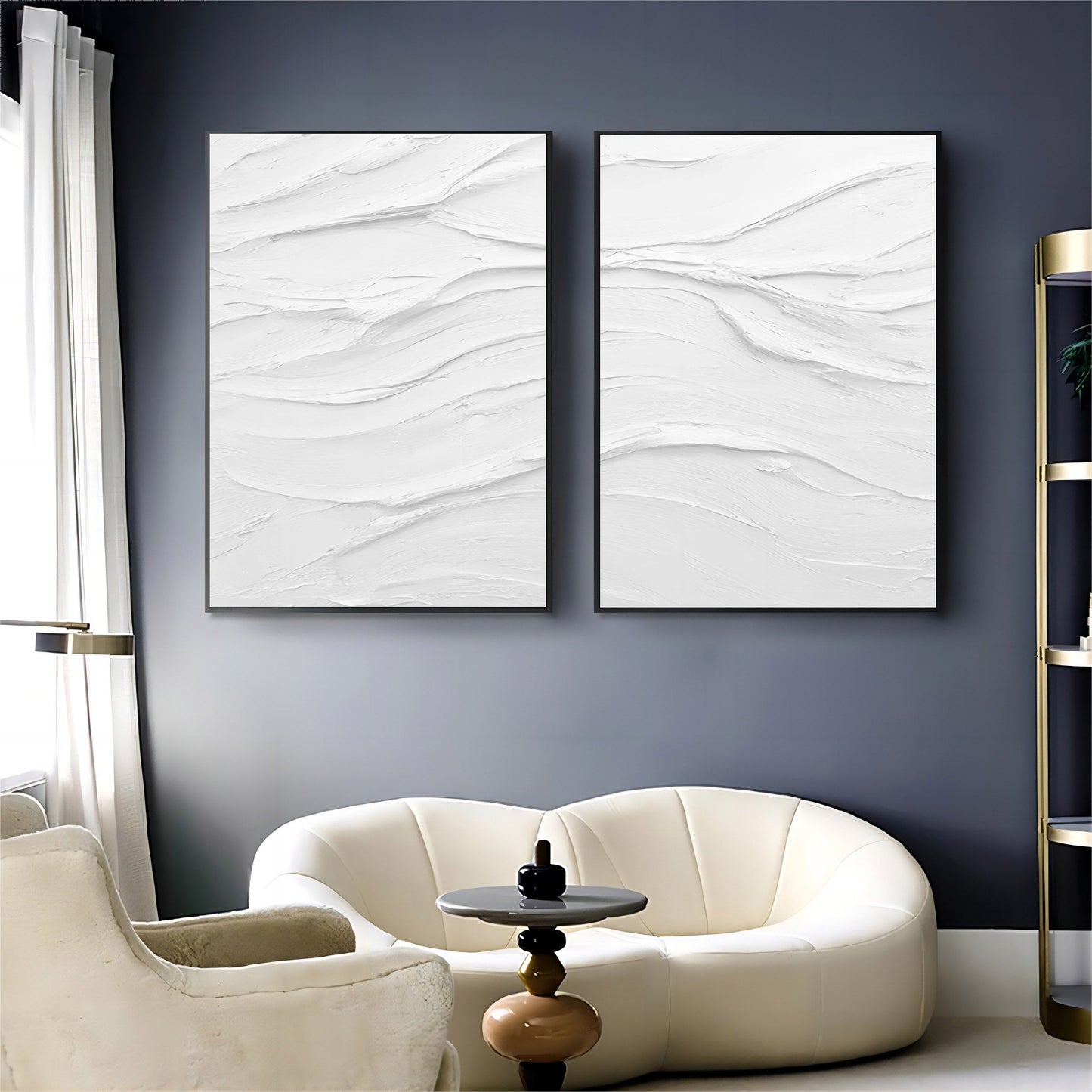 Textured White Abstract Oil Painting Duo for Modern Home Decor