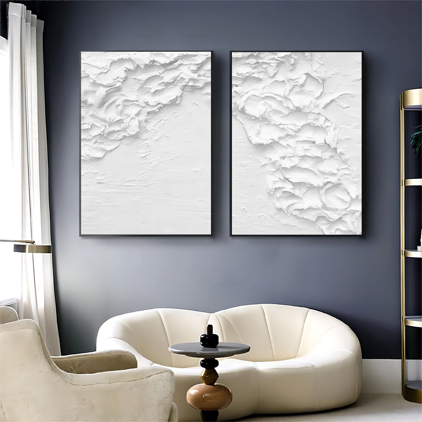 Modern Textured White Abstract Oil Painting Pair for Contemporary Decor