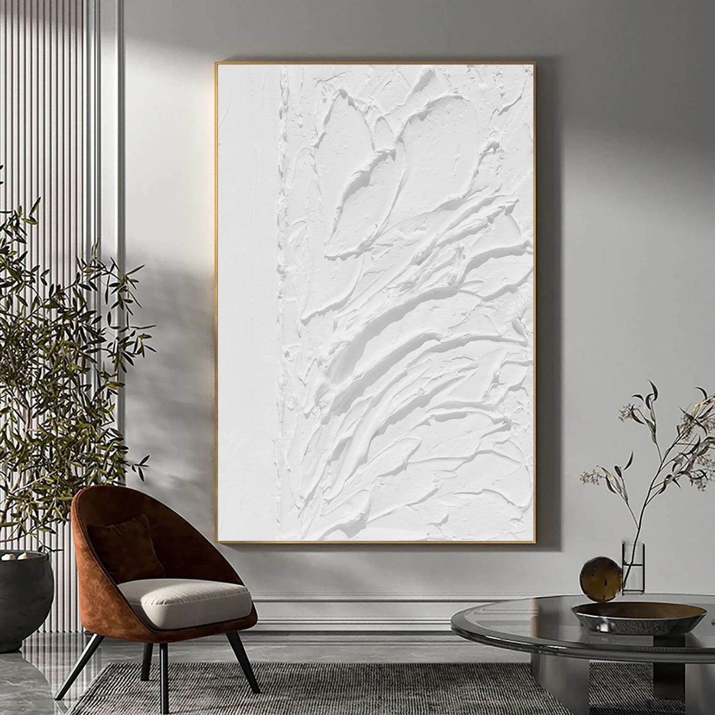 Textured White Floral Plaster Oil Painting for Elegant Home Decor