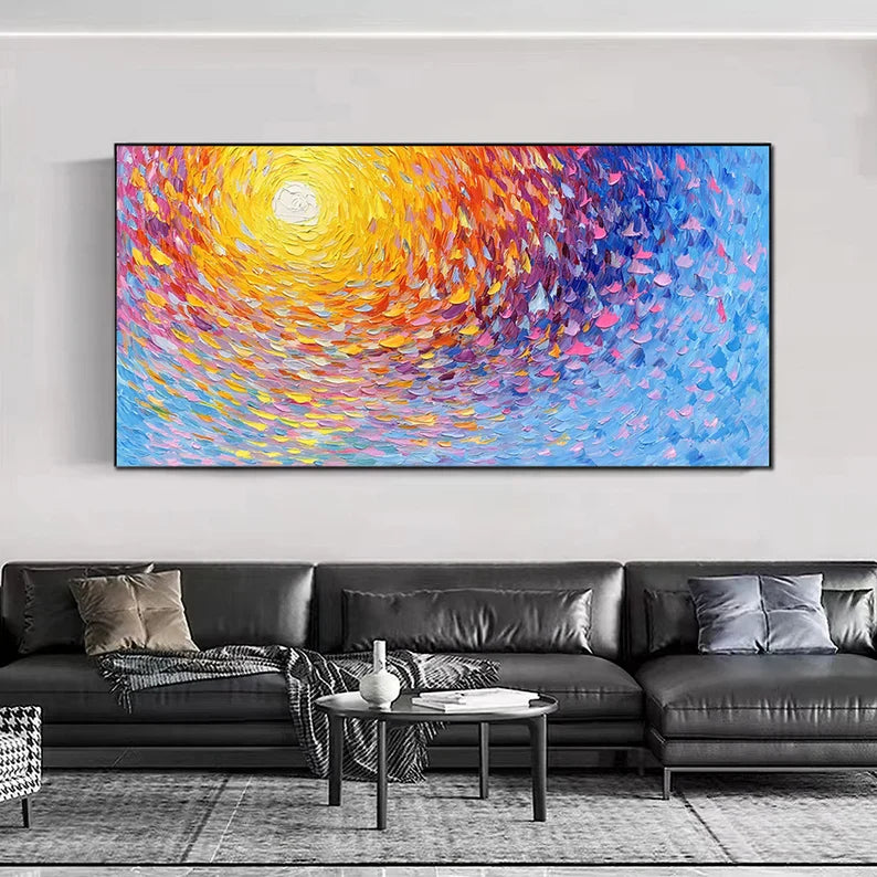 Vibrant Abstract Oil Painting with Sunburst Colors for Modern Home Décor