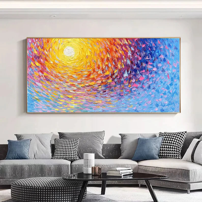 Vibrant Abstract Oil Painting with Sunburst Colors for Modern Home Décor