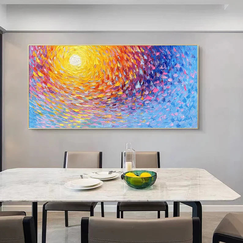 Vibrant Abstract Oil Painting with Sunburst Colors for Modern Home Décor