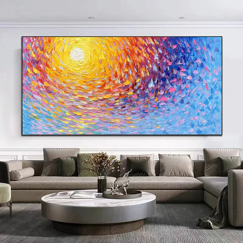 Vibrant Abstract Oil Painting with Sunburst Colors for Modern Home Décor