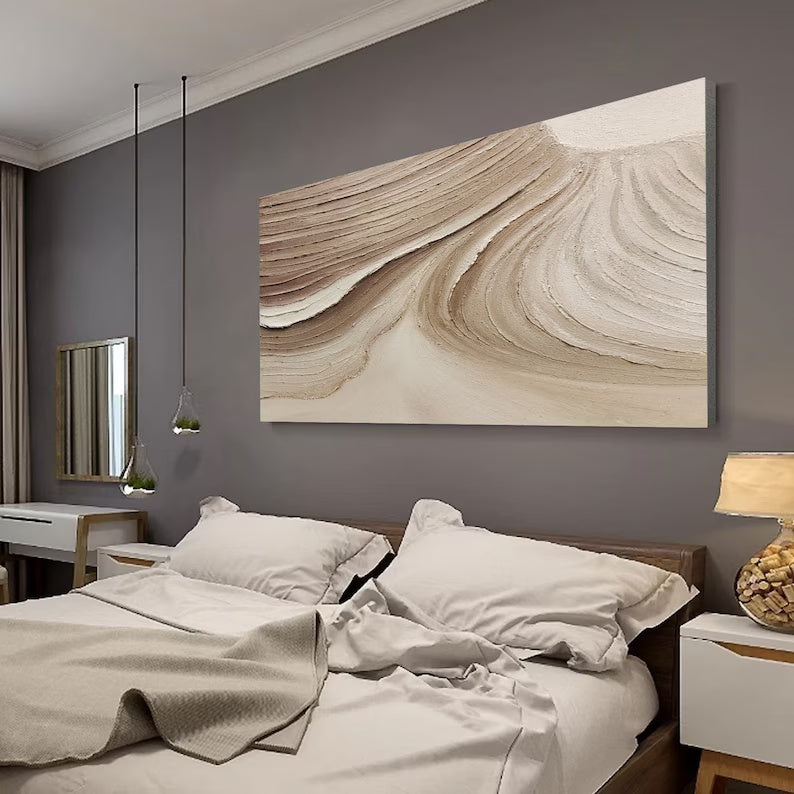 Serene Beige Brown Abstract Landscape Oil Painting for Modern Decor