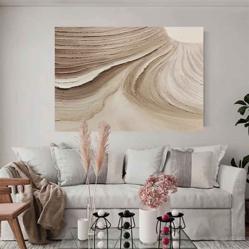 Serene Beige Brown Abstract Landscape Oil Painting for Modern Decor