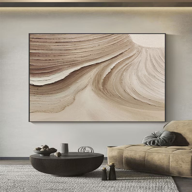 Serene Beige Brown Abstract Landscape Oil Painting for Modern Decor