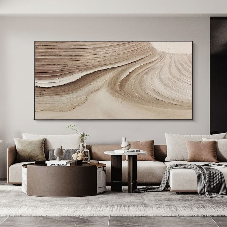 Serene Beige Brown Abstract Landscape Oil Painting for Modern Decor