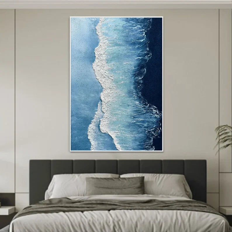 Abstract Coastal Waves Oil Painting – Serene Blue Ocean Artwork for Home Decor