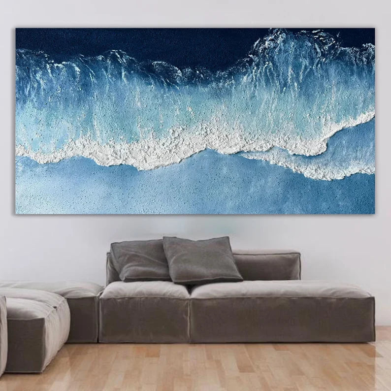 Abstract Coastal Waves Oil Painting – Serene Blue Ocean Artwork for Home Decor