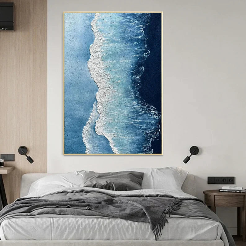 Abstract Coastal Waves Oil Painting – Serene Blue Ocean Artwork for Home Decor