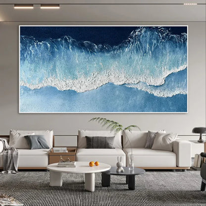 Abstract Coastal Waves Oil Painting – Serene Blue Ocean Artwork for Home Decor