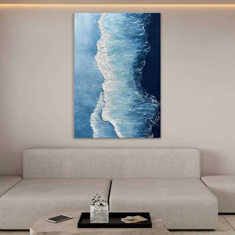 Abstract Coastal Waves Oil Painting – Serene Blue Ocean Artwork for Home Decor