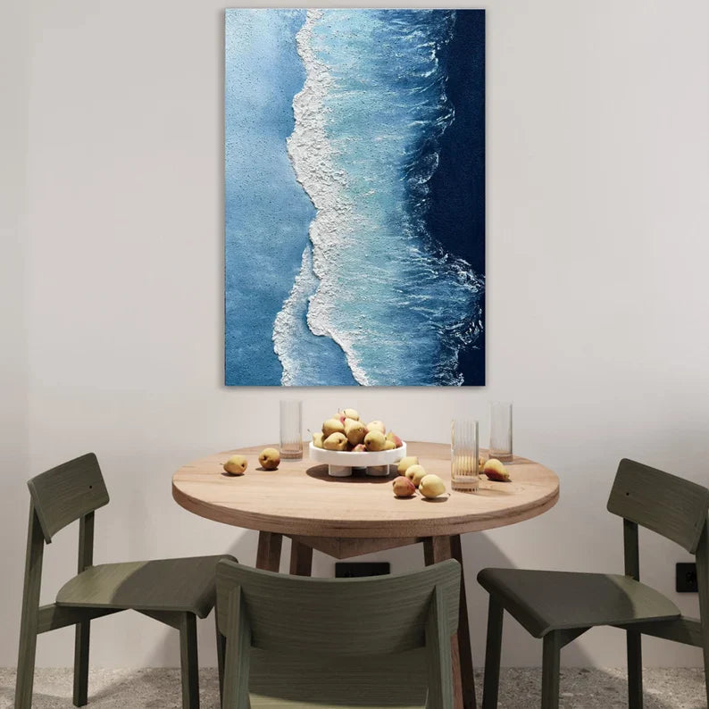 Abstract Coastal Waves Oil Painting – Serene Blue Ocean Artwork for Home Decor