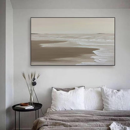 Serene Coastal Retreat: Tranquil Oil Painting of Waves and Sandy Shoreline