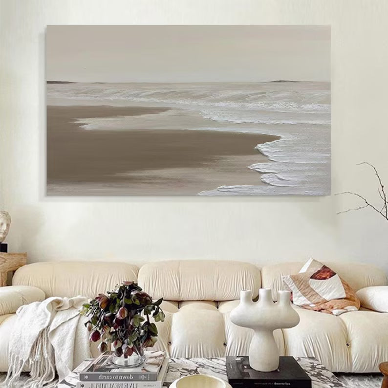 Serene Coastal Retreat: Tranquil Oil Painting of Waves and Sandy Shoreline