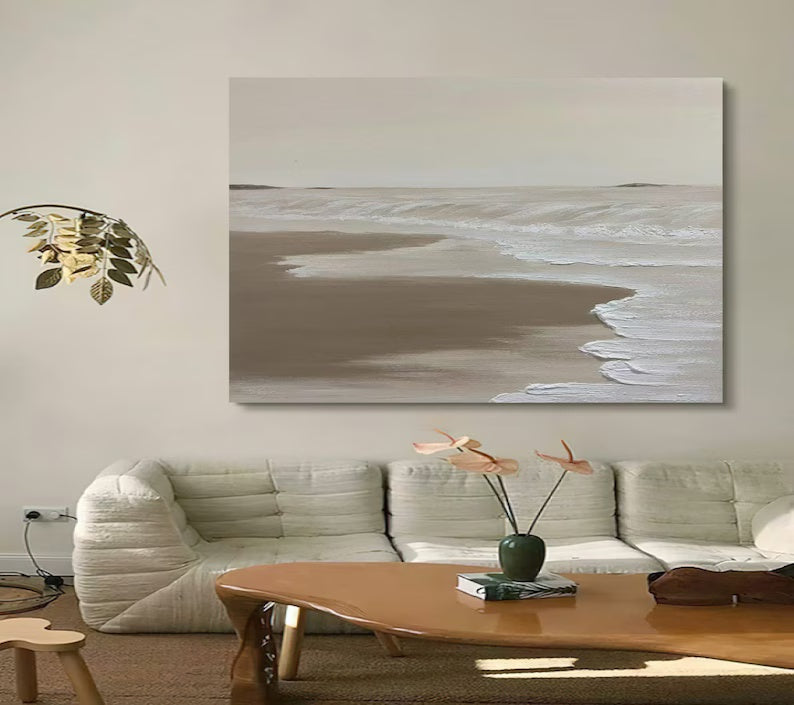 Serene Coastal Retreat: Tranquil Oil Painting of Waves and Sandy Shoreline
