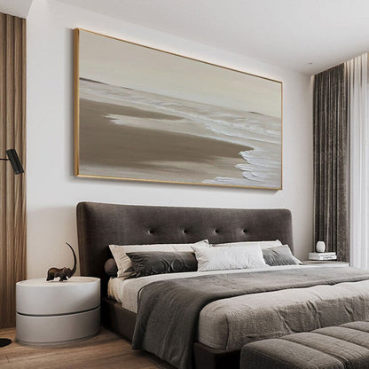 Serene Coastal Retreat: Tranquil Oil Painting of Waves and Sandy Shoreline