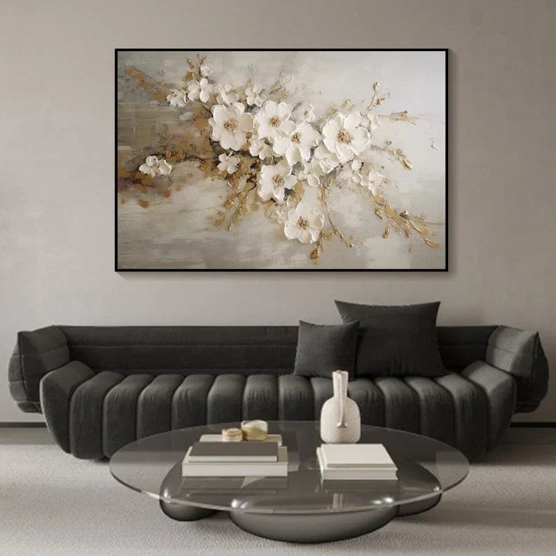 Elegant White Flower Oil Painting on Canvas for Modern Home Decor