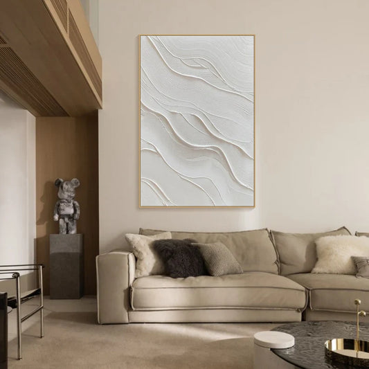 Textured White Minimalist Beach Oil Painting for Modern Home Decor