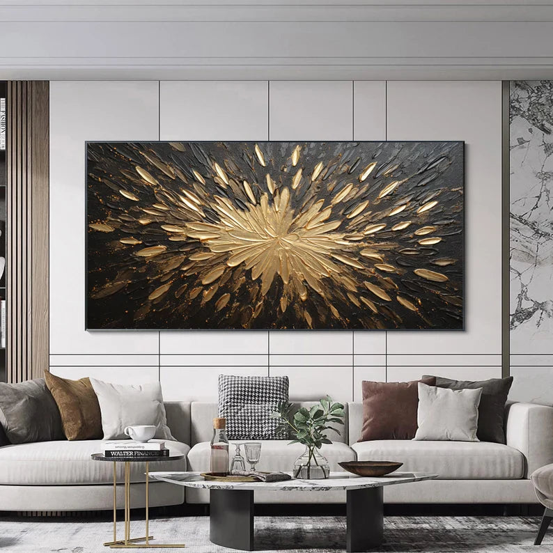 Stunning Gold and Black Abstract Oil Painting with Thick Texture for Modern Decor