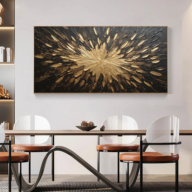 Stunning Gold and Black Abstract Oil Painting with Thick Texture for Modern Decor