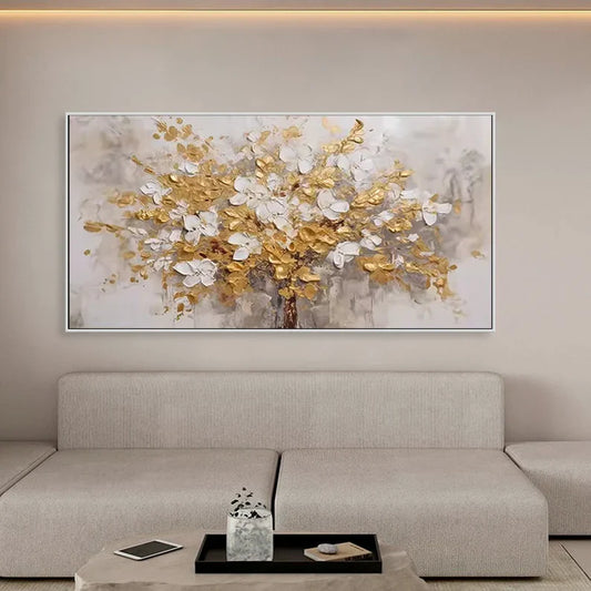 Elegant Gold and White Floral Tree Oil Painting for Modern Decor