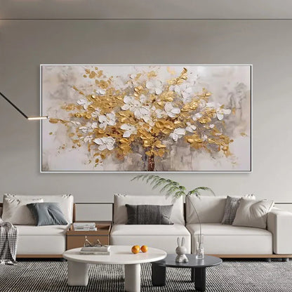 Elegant Gold and White Floral Tree Oil Painting for Modern Decor