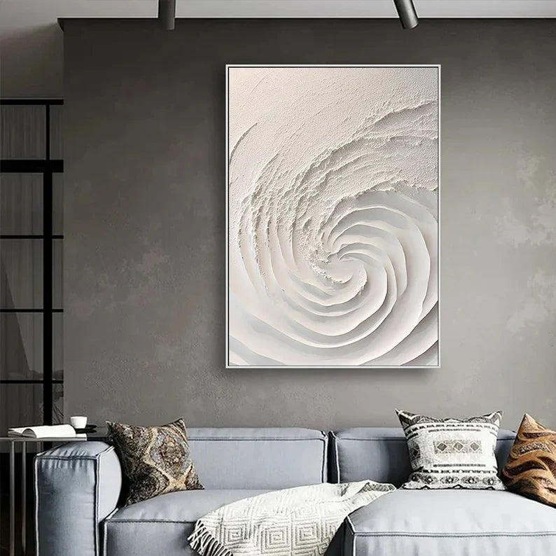 Elegant White Minimalist 3D Swirl Oil Painting for Modern Home Decor