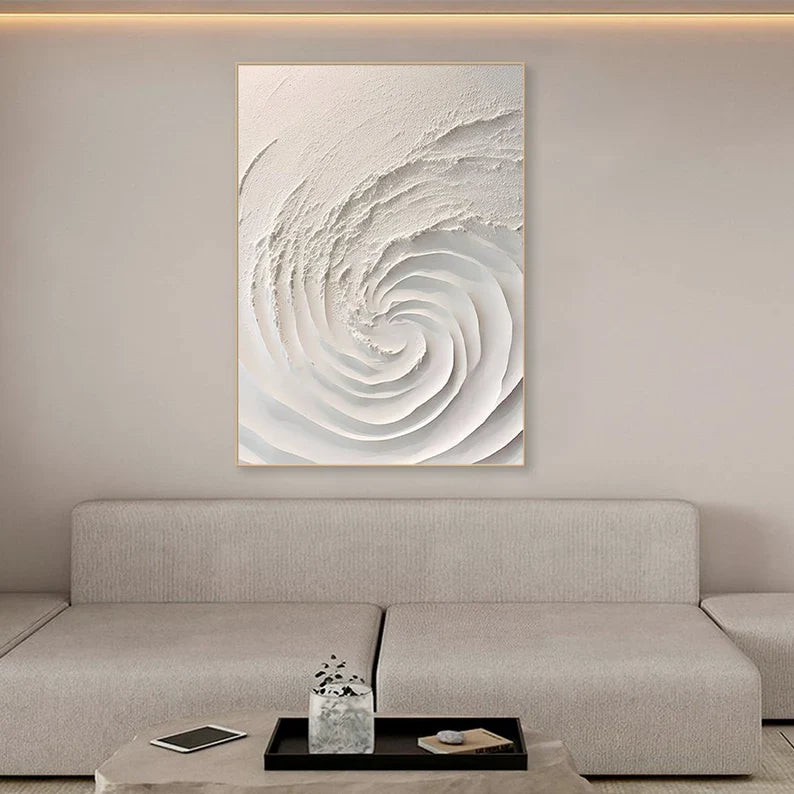 Elegant White Minimalist 3D Swirl Oil Painting for Modern Home Decor