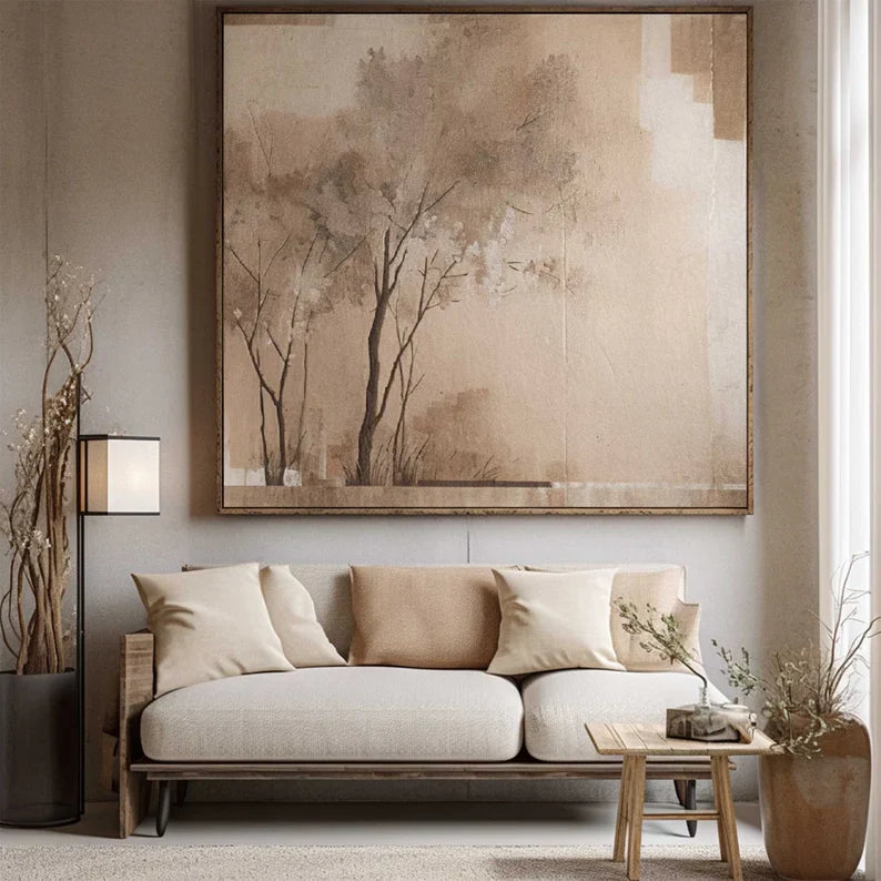 Wabi-Sabi Tree Abstract Oil Painting for Elegant Wall Decor