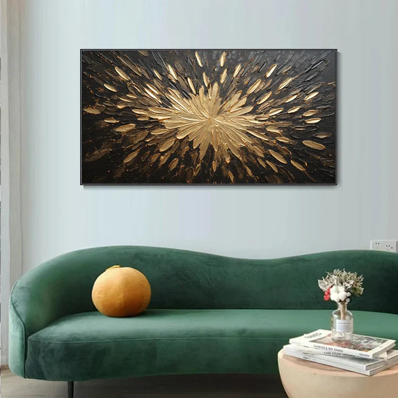 Stunning Gold and Black Abstract Oil Painting with Thick Texture for Modern Decor