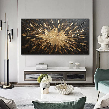 Stunning Gold and Black Abstract Oil Painting with Thick Texture for Modern Decor