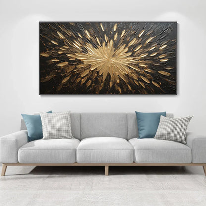 Stunning Gold and Black Abstract Oil Painting with Thick Texture for Modern Decor