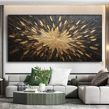 Stunning Gold and Black Abstract Oil Painting with Thick Texture for Modern Decor