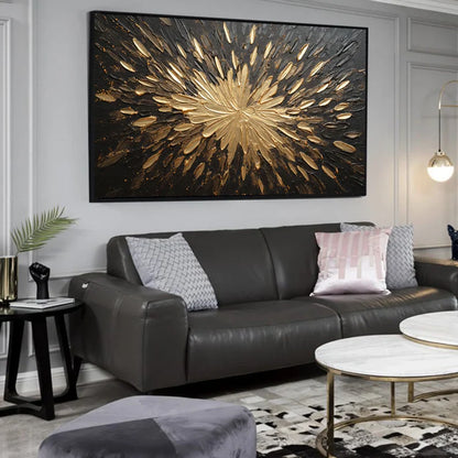 Stunning Gold and Black Abstract Oil Painting with Thick Texture for Modern Decor