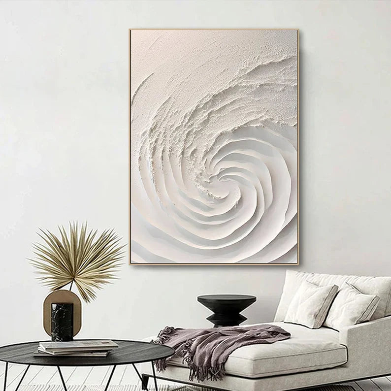 Elegant White Minimalist 3D Swirl Oil Painting for Modern Home Decor
