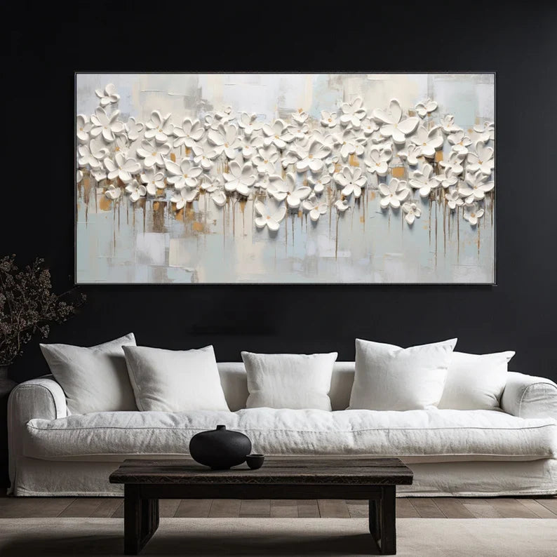 Textured White Flower Canvas Art for Elegant Home Decor
