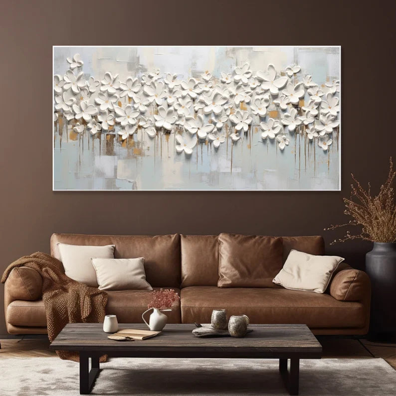 Textured White Flower Canvas Art for Elegant Home Decor