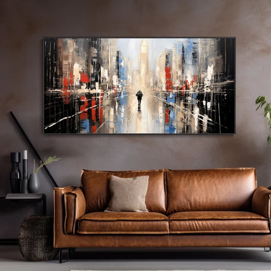 Modern Urban Landscape Oil Painting: Vibrant City Reflections and Textures