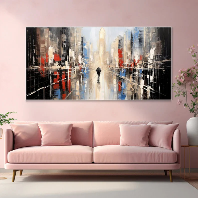 Modern Urban Landscape Oil Painting: Vibrant City Reflections and Textures