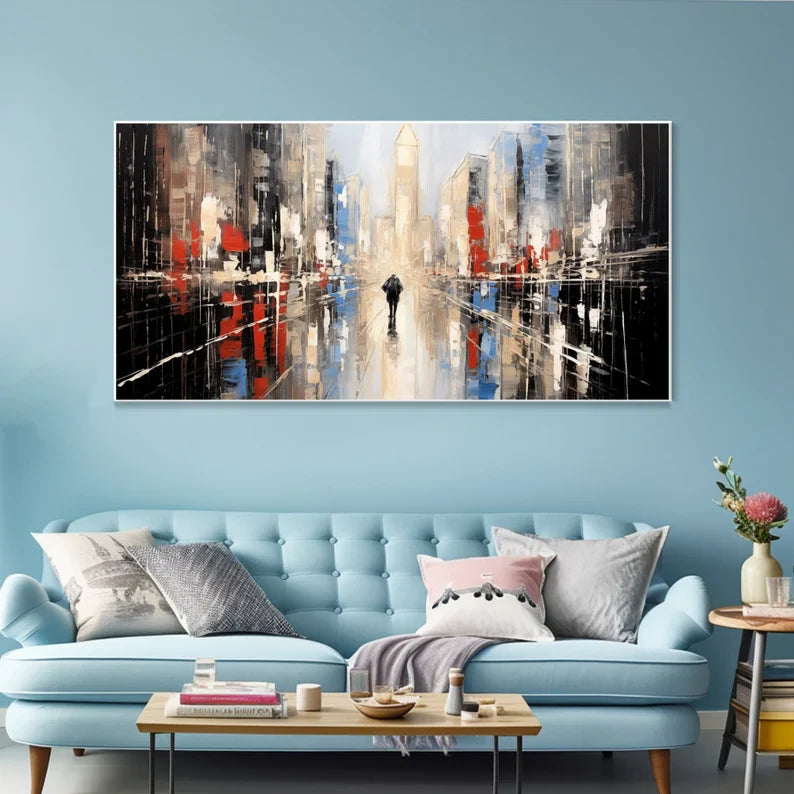 Modern Urban Landscape Oil Painting: Vibrant City Reflections and Textures