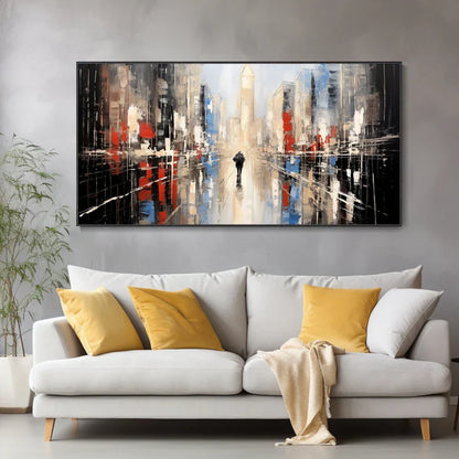 Modern Urban Landscape Oil Painting: Vibrant City Reflections and Textures