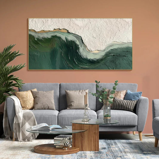 Abstract Ocean Wave Oil Painting with Green and Texture Details for Elegant Home Decor