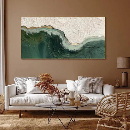 Abstract Ocean Wave Oil Painting with Green and Texture Details for Elegant Home Decor