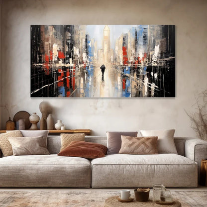 Modern Urban Landscape Oil Painting: Vibrant City Reflections and Textures