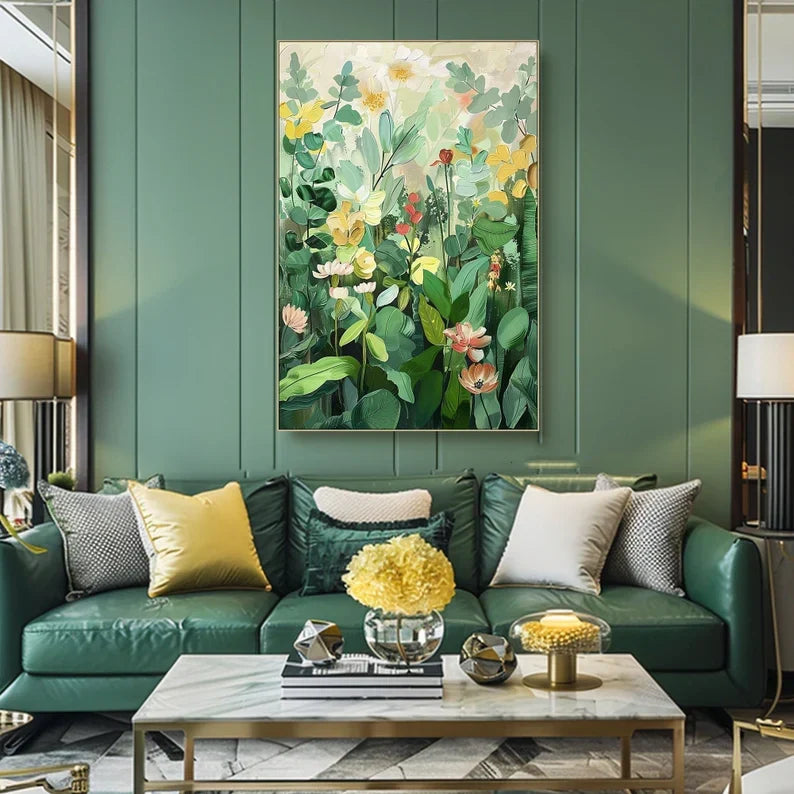 Vibrant Green Floral Landscape Oil Painting for Modern Home Decor